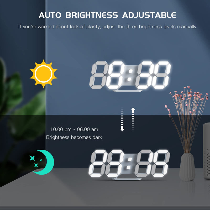 [Australia] - Led Digital Alarm Clock 3D Wall Clock Desk Auto Dimming 12/24 Hour Date Temperature Home Decor Remote Control Silent Snooze USB Nightlight Bedroom Living Room Kitchen Office 9.7inch Cool White 9.7 inch 