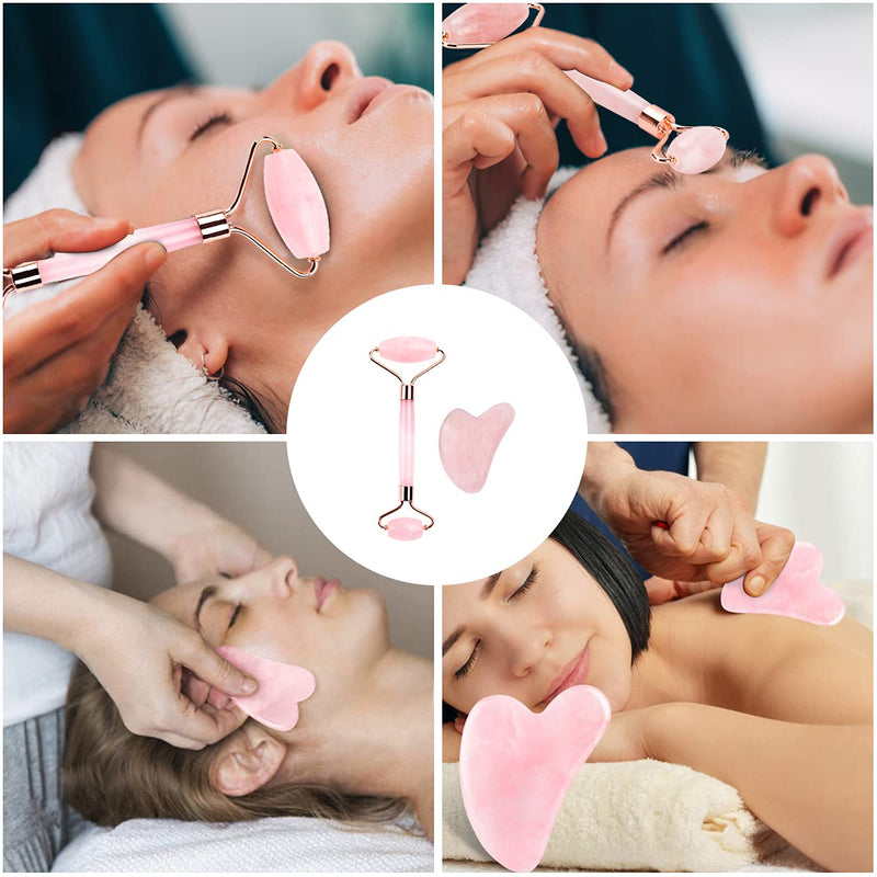 [Australia] - Jade Roller and Gua Sha Set - Deciniee Beauty Face Roller Massager & Guasha Tool for Face, Eye, Neck - Rose Quartz Roller Skin Care Tools for Body Muscle Relaxing Relieve Wrinkles Pink 
