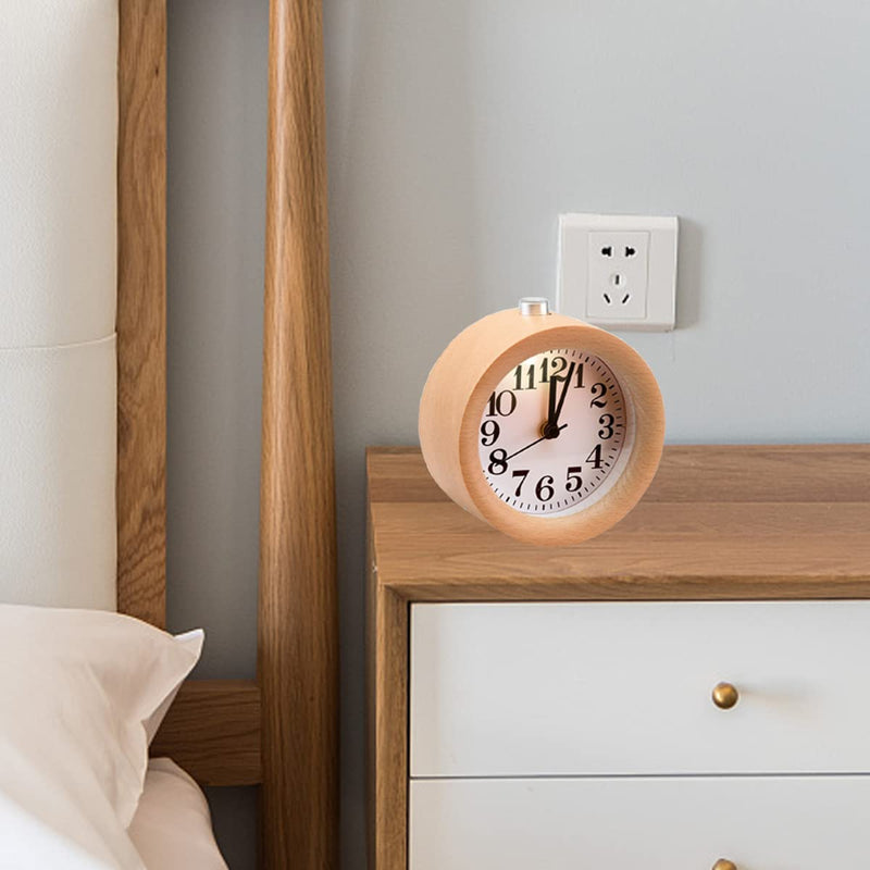 [Australia] - ECVISION Handmade Classic Small Round Silent table Snooze beech Wood Alarm Clock with nightlight Light Woodgrain 