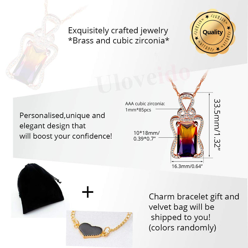 [Australia] - Uloveido Charm Created Rectangle Purple Gradient Tourmaline Pendant October Birth-Stone Necklace Rose Gold Plated Birthday Jewelry Gifts for Women Gift DN401 