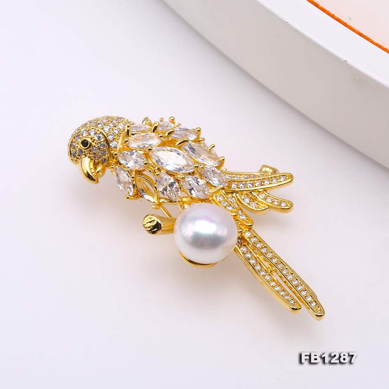 [Australia] - JYXJWELRY Pearl Brooches Parrot 10mm Round White Freshwater Cultured Pearl Brooch Pin for Women 
