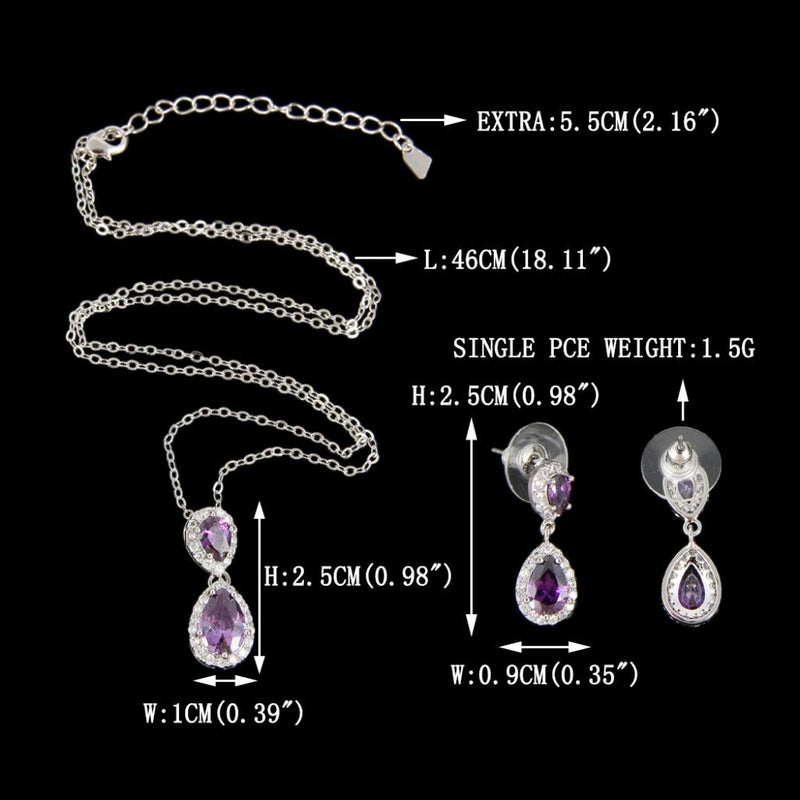 [Australia] - EVER FAITH Prong CZ Wedding 2 Tear Drop Necklace Earrings Set Silver-Tone Purple 