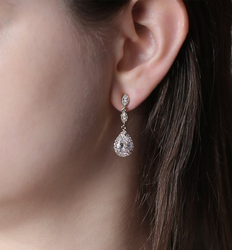 [Australia] - A+O Elegant Teardrop Cubic Zirconia Crystal Earrings in Silver, Gold, Rose Gold Set - Silver 