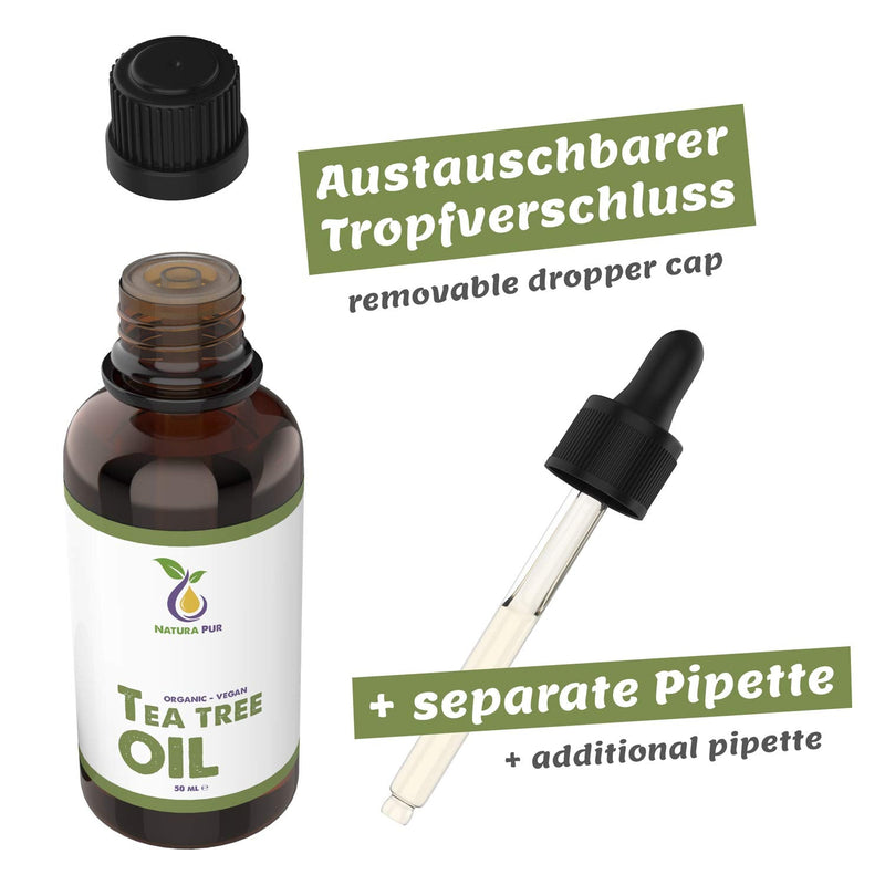 [Australia] - Organic Tea Tree Oil 50ml with Pipette, Vegan – 100% Pure Tea Tree Essential Oil from Australia – Treatment for blemished Skin, inflammatory Skin Conditions, Anti-pimples and Acne 