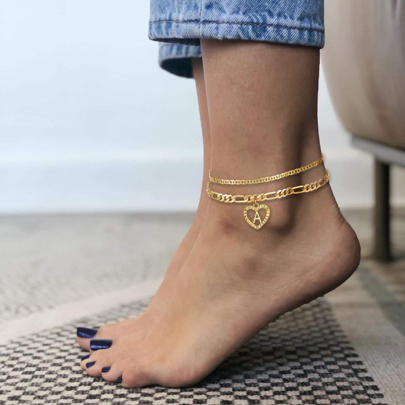 [Australia] - YANODA Initial Ankle Bracelets for Women 14K Gold Plated Layered Figaro Chain Letter Initial Anklets Handmade Layered Heart Ankle Bracelets Personalized Gifts for Women Teen Girls A 