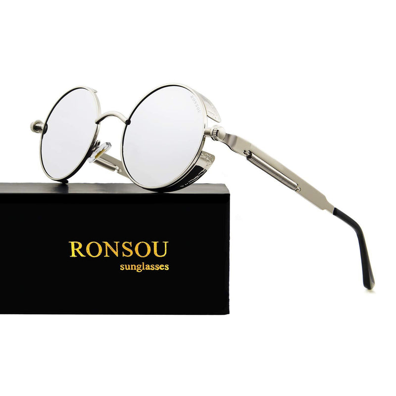 [Australia] - Ronsou Steampunk Style Round Vintage Polarized Sunglasses Retro Eyewear UV400 Protection Matel Frame Silver Frame/Silver Lens 