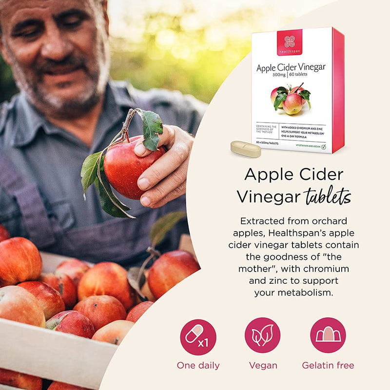 [Australia] - Healthspan Apple Cider Vinegar 500mg | 60 Tablets | Friendly Bacteria | Metabolism Support | Added Zinc & Chromium | Vegan 