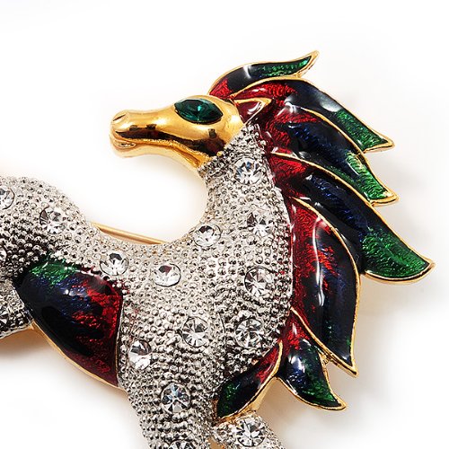 [Australia] - Avalaya Oversized Diamante Enamel Horse Brooch in Rhodium Plated Metal 