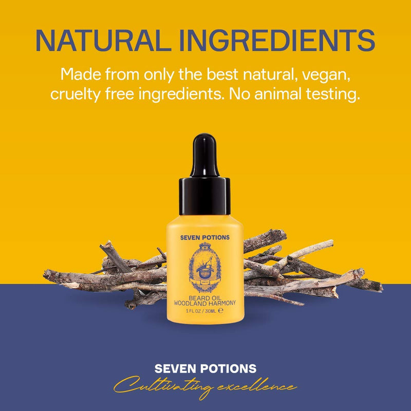 [Australia] - Seven Potions Premium Beard Oil for Men — Jojoba Oil Beard Softener to Nourish Skin, Hair, and Stop Beard Itch — All-Natural, Vegan, Cruelty Free — Woodland Harmony Scent (30ml) Amber 