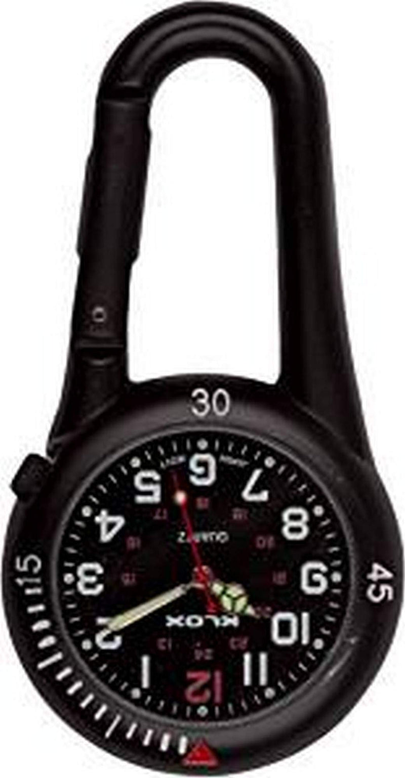 [Australia] - Klox Black Clip On Carabiner Metal Fob Watch Black Dial Paramedic Doctor Nurse Unisex Men Women 