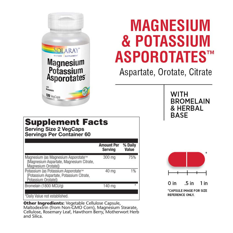 [Australia] - Solaray Magnesium and Potassium Asporotates w/Bromelain | Healthy Electrolyte, Muscle, Heart & Cellular Support | 60 Servings | 120 VegCaps 