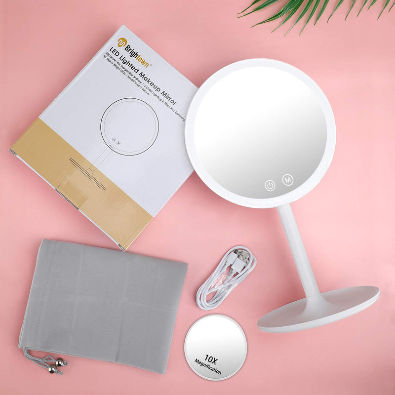 [Australia] - Rechargeable Lighted Makeup Mirror, 1X/10X Magnifying Vanity Mirror with 46 LED Lights, 3 Lighting Modes Dimmable 90 Degree Rotation Touch Screen, Light Up Mirror for Travel, Portable Cosmetic Mirror 3 Color Lighting 