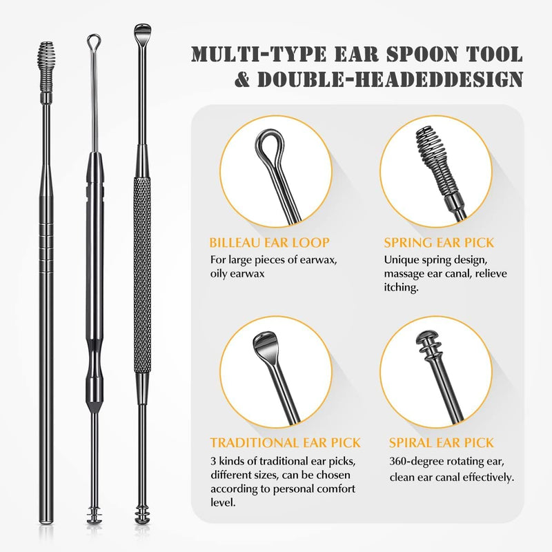 [Australia] - Ear Wax Removal Tools Kit: Earwax Pick Cleaning Remover Set Stainless Steel 6 in 1 Ear Spoon Curette with a Cleaner Brush and Protective Padded Box Classic Black 