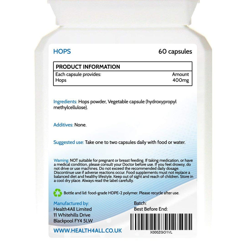 [Australia] - Hops 400mg 60 Capsules (V) .(not Tablets) Purest: no additives. Vegan Capsules for Anxiety, Stress and Sleep. Made in The UK by Health4All 60 Count (Pack of 1) 