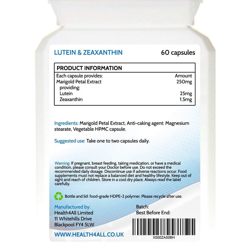 [Australia] - Lutein 25mg with Zeaxanthin Capsules (not Tablets) for Eye Health and Blue Light Protection. Vegan. Made in The UK by Health4All, 60 Capsules (V) 60 Count (Pack of 1) 