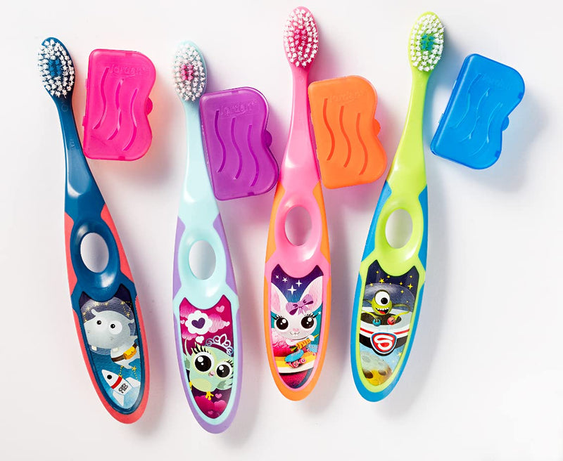 [Australia] - Jordan ® | Step 2 Toothbrush Kids | Kids Toothbrush for Age 3-5 Years Old | Soft Bristles, Dual Ergonomic Handle & BPA Free | Pink & Yellow Color | Pack 4 Units 