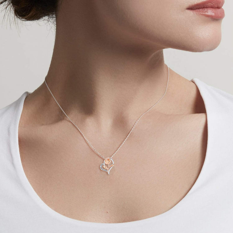 [Australia] - Klurent Rose Necklace for Women, Rose Gold Flower Silver Heart Pendant with 5A Cubic Zirconia Necklace Gift For Thanksgiving Christmas, New Year. Sterling Silver Rose Heart Necklace 