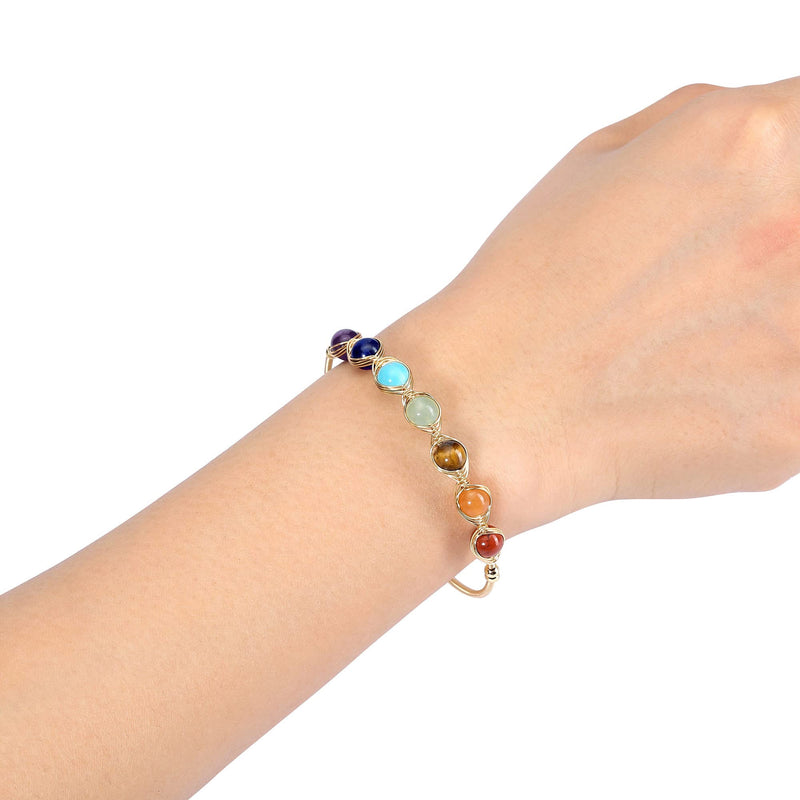 [Australia] - JSDDE 14K Gold Crystal Bangle Cuff Bracelet Healing Energy Gemstones Bead Open Bangle Bracelets Jewelry for Women 7 Chakra Crystals 