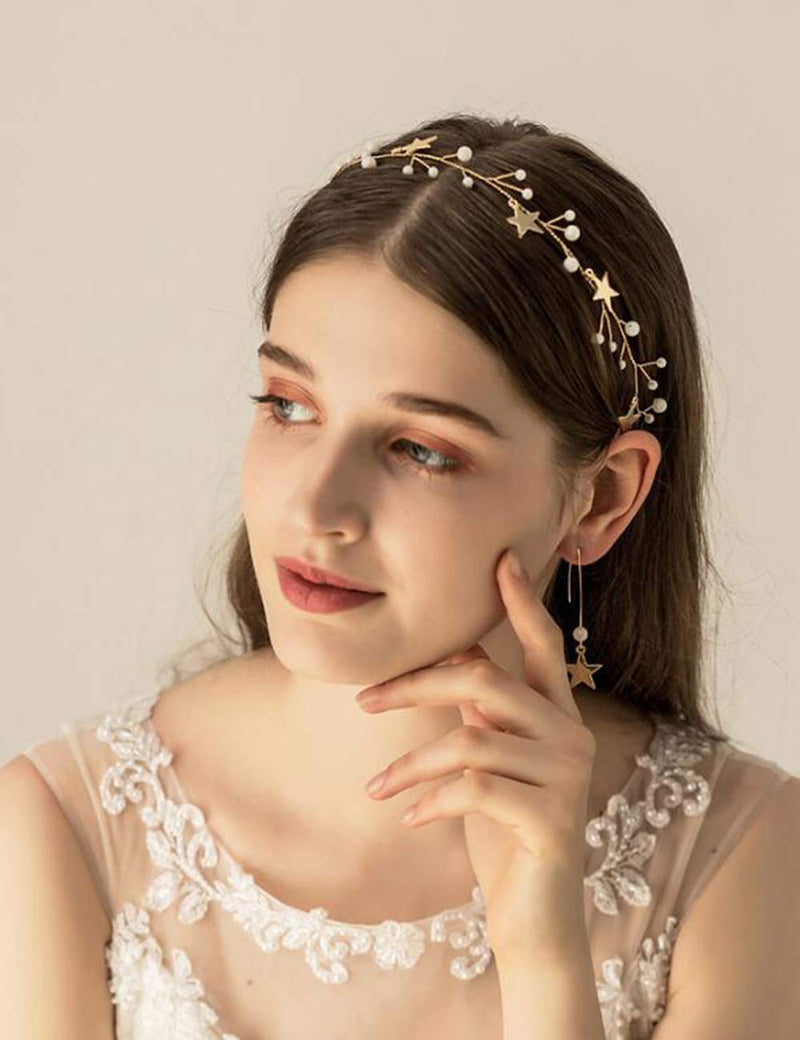 [Australia] - BERYUAN Sequins Pearl Star Headband Earrings Set Gold Wedding Hair Accessories Tassel Star Pendant Jewelry for Her Gift for Women Girls (Gold) 