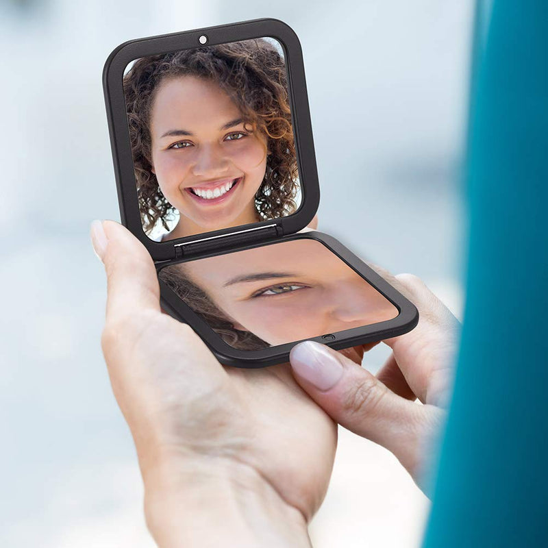 [Australia] - OMIRO Folding Compact Mirror, 1X/10X Magnification 3½” Pocket Size Square Hand Mirror for Travel Makeup (Black) Black 