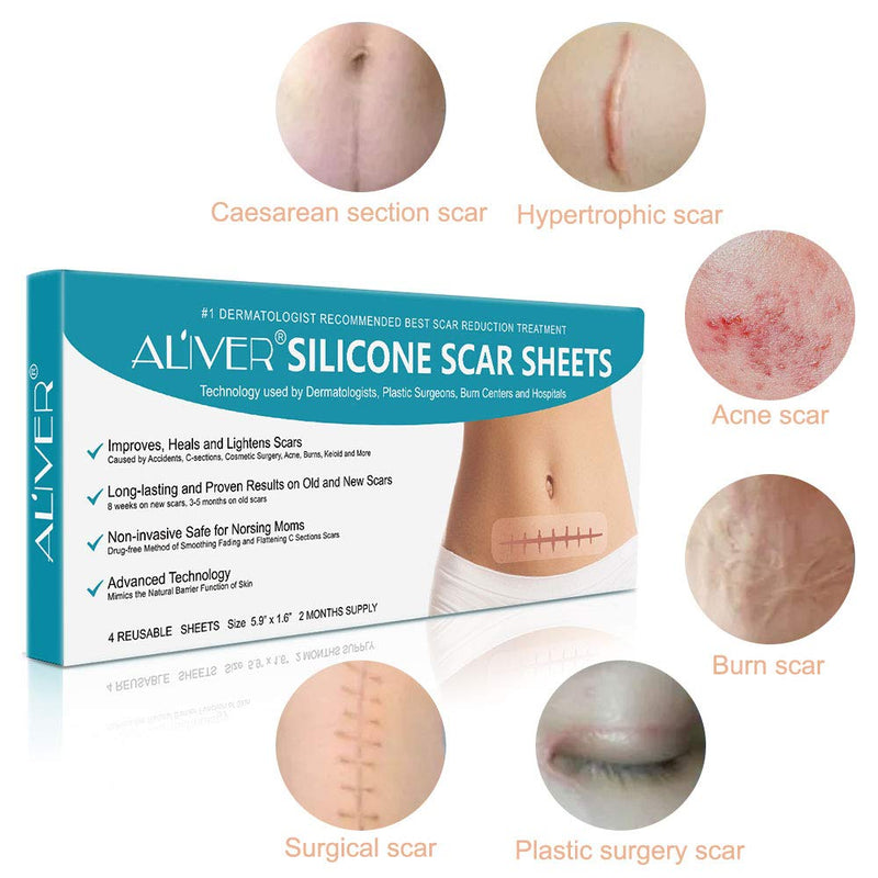 [Australia] - Silicone Scar Sheets, Professional for Scars Caused by C-Section, Surgery, Burn, Keloid, Acne, and More, Drug-Free, Soft Silicone Scar Strips, Scar Removal 5.9"×1.6", 4 Sheets (2 Month Supply) 