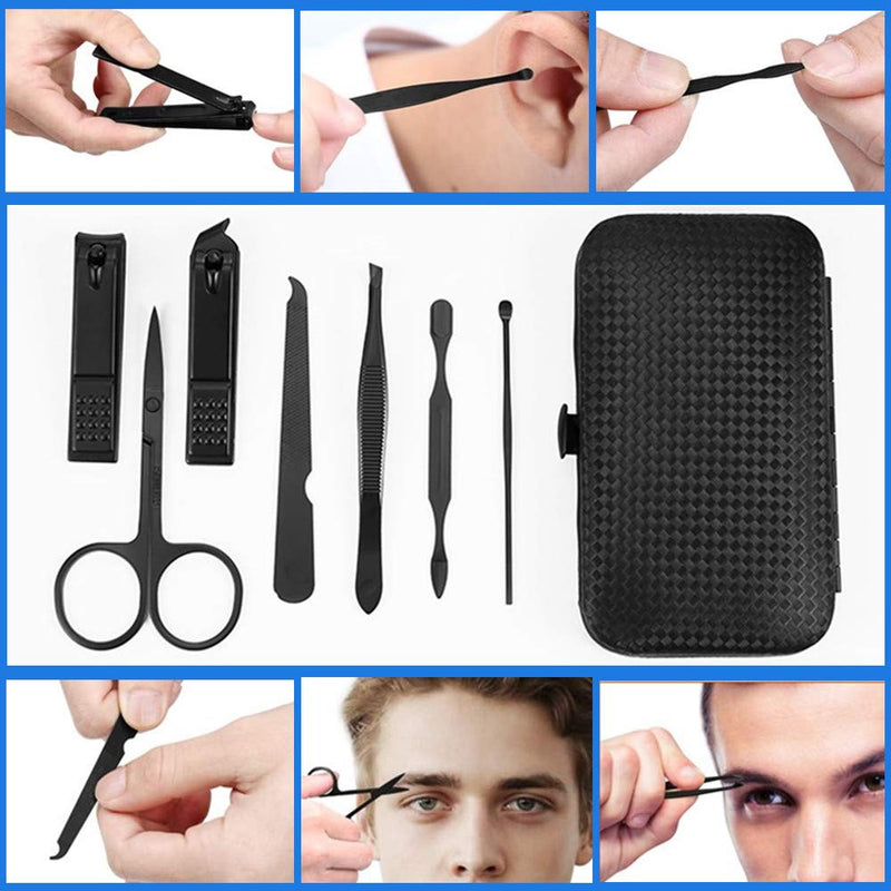 [Australia] - QURIPE 7pcs Manicure set, Nail Clippers Kit, Stainless Steel Manicure Kit, Nail Clipping Tools Portable Travel Grooming Kit, The Best Gift with Luxurious Case (Black-7) Black 