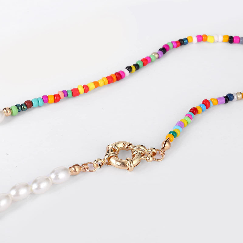 [Australia] - Bohemian Pearl Beaded Choker Necklace Bracelet Set for Women Handmade Colorful Summer Seed Bead Pearl Necklace Bracelet Set Sandy Beach Bracelet Necklace Gold-Tone 