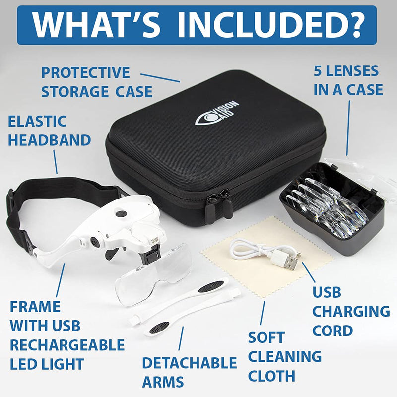[Australia] - Vision Aid Magnifying Glasses with LED Light, 5 Lenses, Headband, Storage Case | Hands Free Lighted Head Mount Magnifier for Hobby Crafts Macular Degeneration Cross Stitch Diamond Painting Close Work USB Rechargeable - Expert Set 