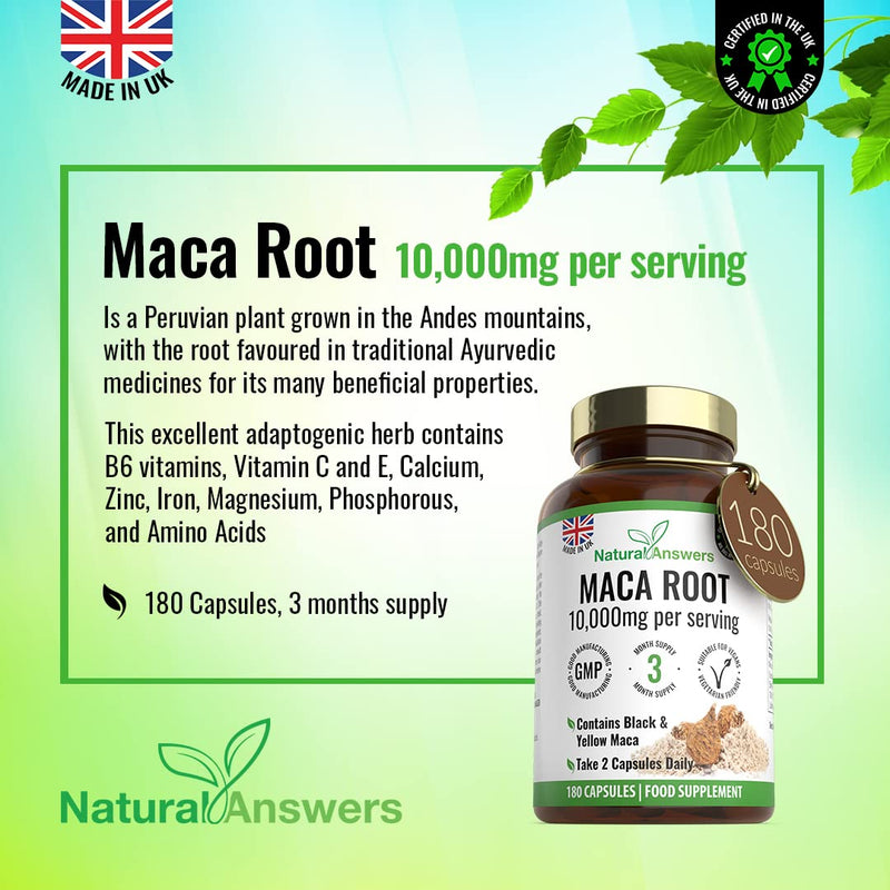 [Australia] - 180 Maca Root Capsules - (3 Months Supply) Vegan 10,000mg Maca Capsules - High Strength Peruvian Black & Yellow Maca Root - Made in The UK 