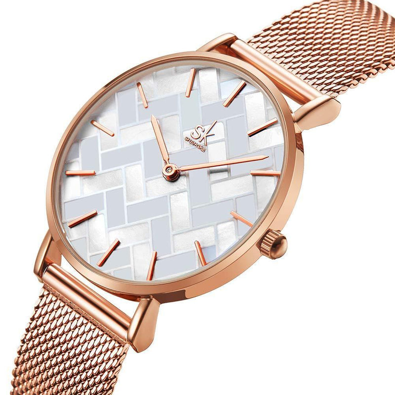 [Australia] - SHENGKE Creative Starry Sky Women Watch with Stainless Steel Mesh Band Genuine Leather Elegant Floral Women Watches (Shell Dial-Mesh Band-Rosegold) 