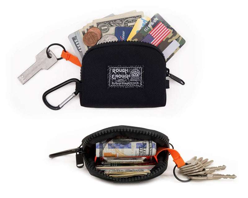 [Australia] - Rough Enough Small Credit Card Holder Wallet Keychain Coin Purse for Men Boys Earbuds Case Small Organizer Pouch Bag for Girl Women in Travel School Party Carabiner Clip Black 