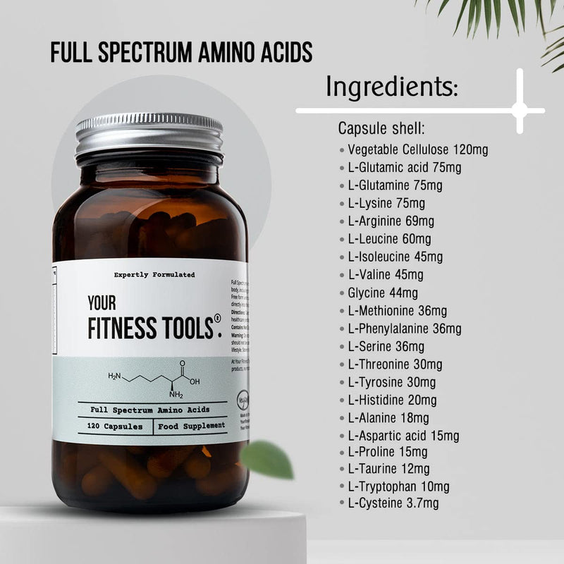 [Australia] - Full Spectrum Amino Acids – 120 x Free Form Amino Acids Vegan Capsule to Support Muscle Repair, Muscle Building - Made in The UK by Your Fitness Tools 