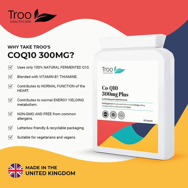 [Australia] - CoQ10 Supplement 300mg Plus - 60 Capsules - High Strength Trans Form Co Enzyme Q10 Enhanced with Vitamin B1 to Support Healthy Heart Function and Energy Metabolism - 2 Month Supply - UK Made 