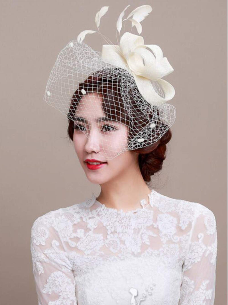 [Australia] - Anglacesmade Bridal Feather Fascinator Birdcage Veil Ascot Race Hat Party Hair Accessories Ivory 