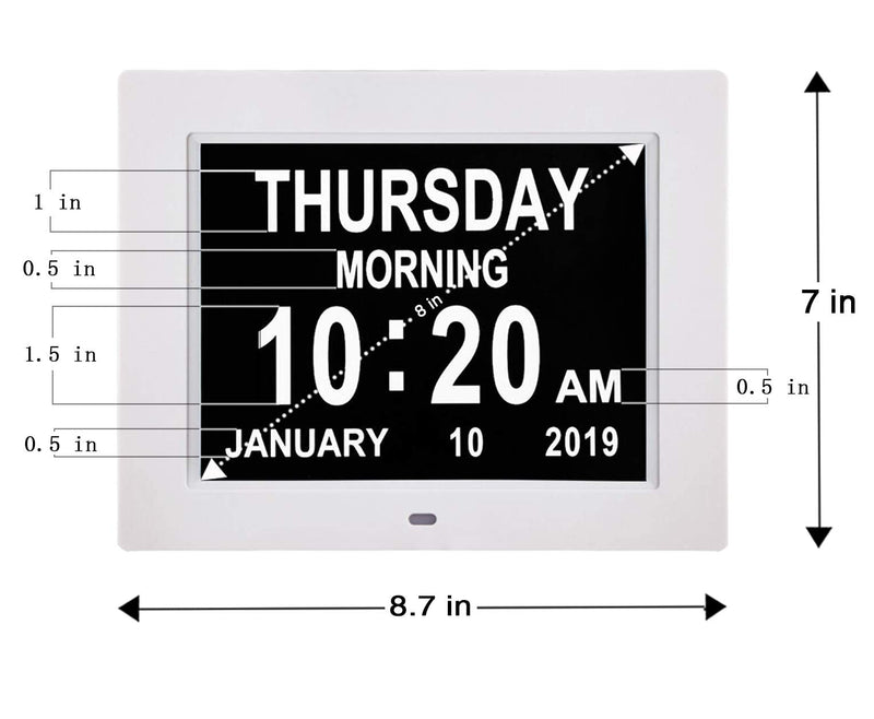 [Australia] - TMC Digital Day Calendar Clocks Extra Large Non-Abbreviated Day&Month.Perfect for Seniors + Impaired Vision Dementia (White,8-inch) White 