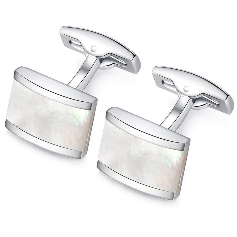 [Australia] - HONEY BEAR Rectangle Cufflinks for Mens Steel Business Wedding Gift White Shell 