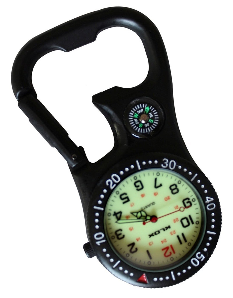 [Australia] - Black Clip-On Carabiner FOB Watch with Compass and Bottle Opener, Pocket Watch for Doctors Nurses Paramedics Chefs 
