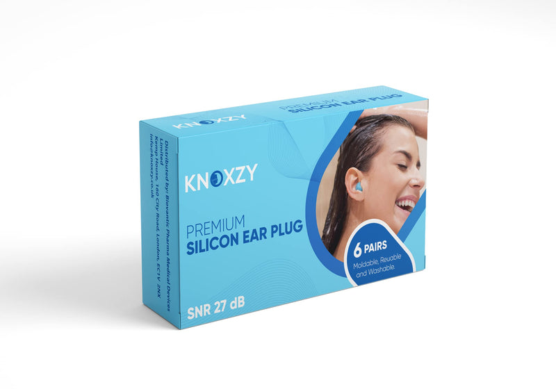 [Australia] - Knoxzy Silicone Ear Plugs for Sleeping Re-Usable Waterproof, SNR = 27dB Noise Cancelling Premium Moldable Ear Plugs for Sleeping, Travelling, Studying Noise Reduction Blue 6 Pair (Pack of 1) 