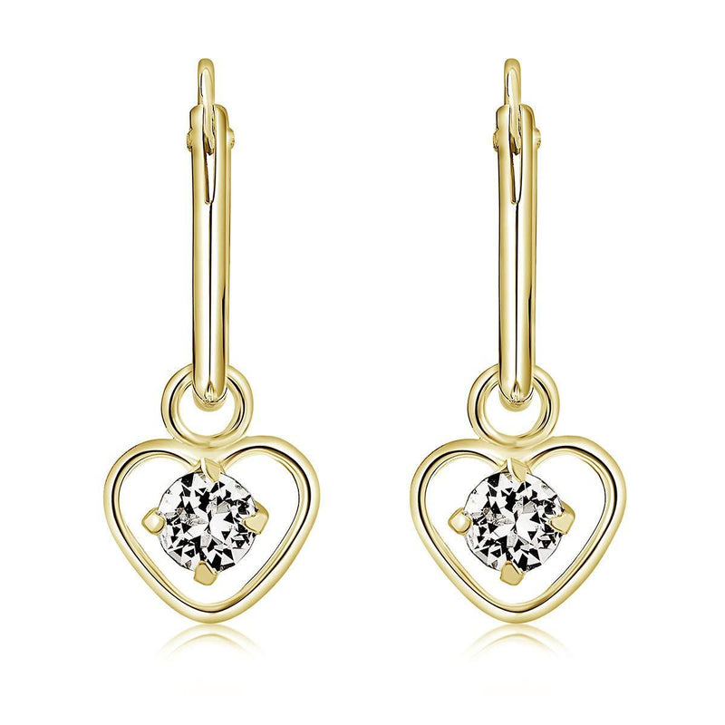 [Australia] - DTPsilver® 925 Sterling Silver Yellow Gold Plated SMALL Hoops Earrings & Dangling Heart with 3 mm Crystals from Swarovski® Elements - Thickness 1.5 mm - Diameter: 14 mm Clear Crystal 