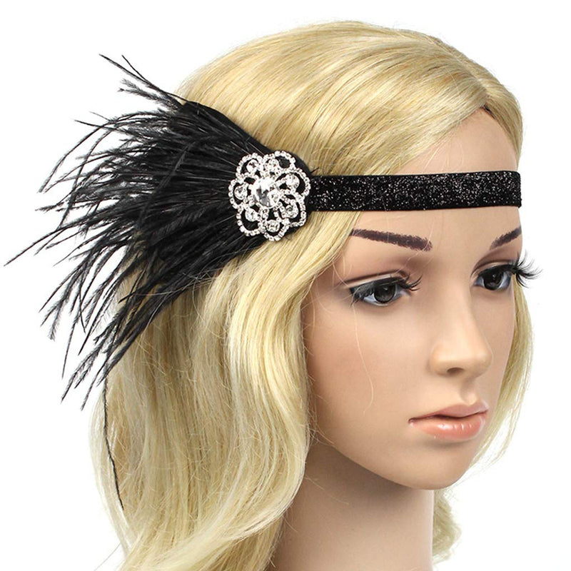 [Australia] - Song Qing 1920s Rhinestone Flapper Feather Headpiece Roaring 20s Great Gatsby Fascinators Accessories for Women Type4 Black 
