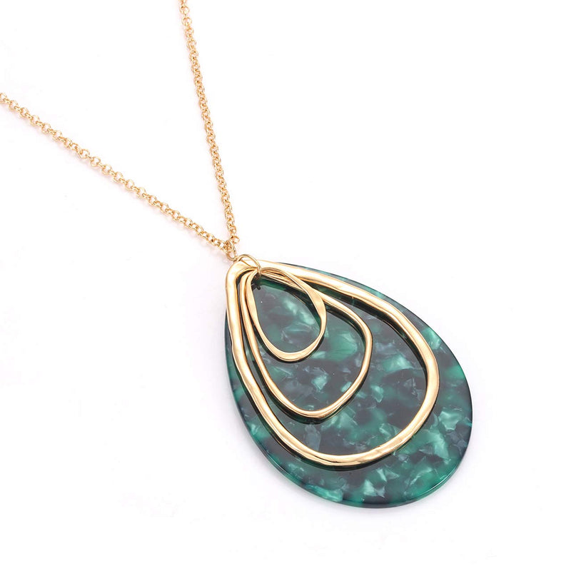 [Australia] - MOLOCH Long Necklace for Women Girls Geometry Teardrop Acrylic Circle Pendant Necklace Statement Boho Acetate Resin Necklace Minimalist Gift Dark green 