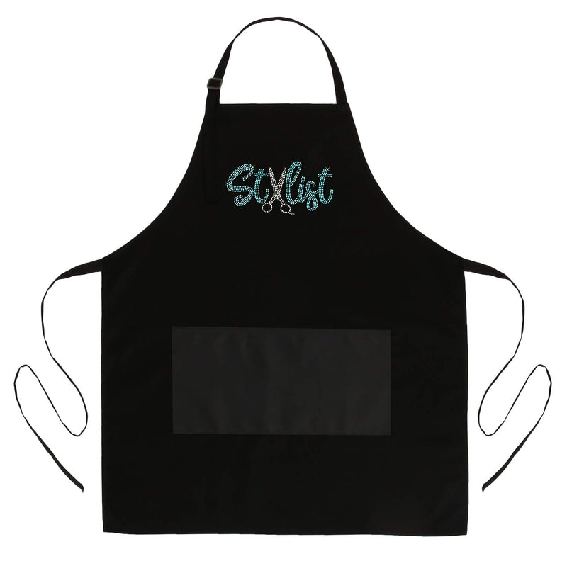 [Australia] - Black Hair Stylist Salon Bib Apron With Teal Rhinestone Scissor Design For Cosmetologist or at Home Hair Cutting, 3 Pockets Long Ties and Adjustable Neck, Teal Black 