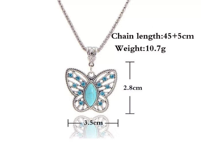 [Australia] - Cocazyw Silver Butterfly Turquoise Bracelet and Earrings for Women Girl Retro Charm Gemstone Jewelry Set Pendant Necklace and Drop Earrings for Women Girl 