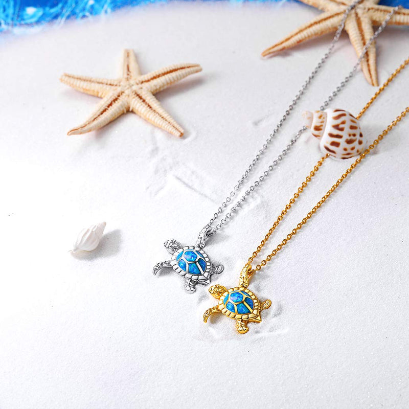[Australia] - 925 Sterling Silver Turtle/Dolphin/Coral Pendant Necklace Hook Earrings, 18K Gold/Platinum Plated, Cubic Zirconia Rainbow Topaz Blue Opal Pearl Lovely Animal Ocean Sea Summer Jewelry with Gift Box turtle necklace-platinum plated S925 based 