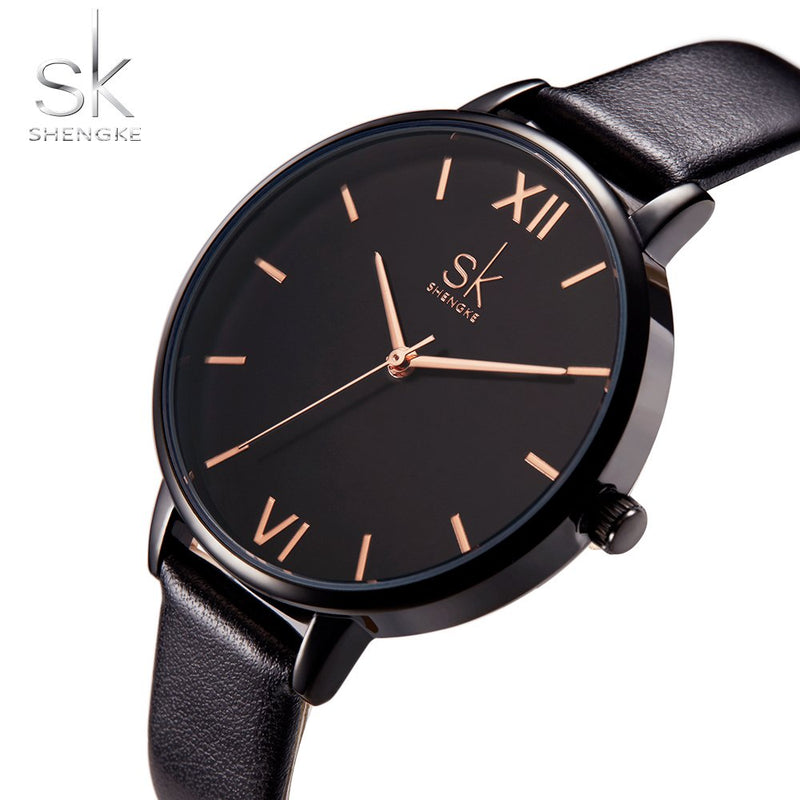 [Australia] - SHENGKE Women Watches Leather Band Decent Casual Geneva Waterproof Creative Ladies Watch reloj de Mujer K0039-Black 