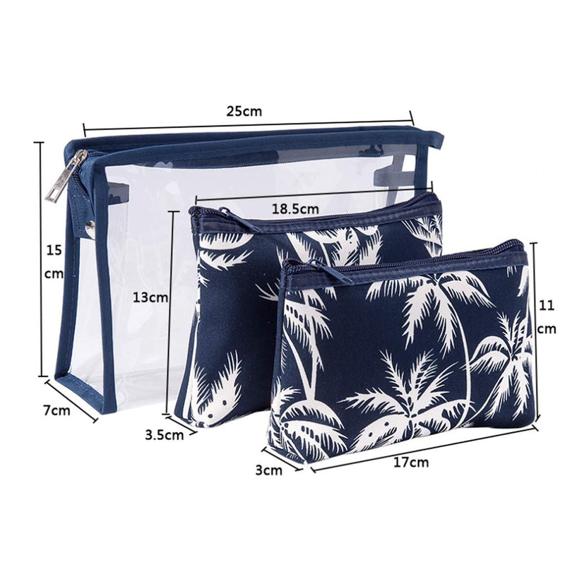 [Australia] - Lady's Cosmetics Portable Zipper Waterproof Transparent Travel Dustproof Storage Bags PVC Clear Makeup Wash Toiletry Bag set of 3 (Blue Coconut) Blue Coconut 