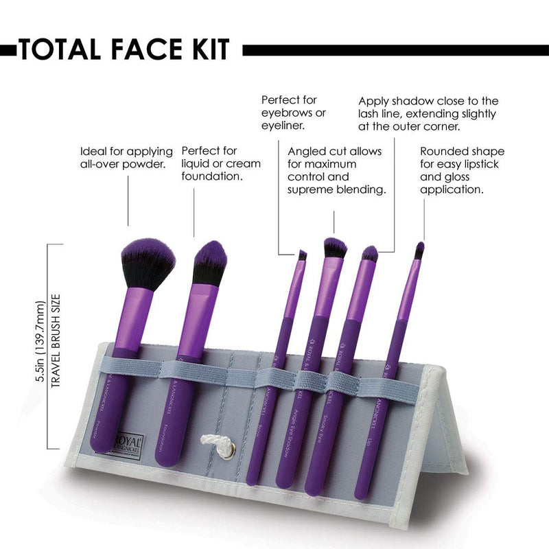 [Australia] - MODA Travel Size Total Face Makeup Brush Set with Pouch, Includes - Powder, Foundation, Angle Shader, Smokey Eye, Brow Liner and Pointed Lip Brushes (Purple) Purple 
