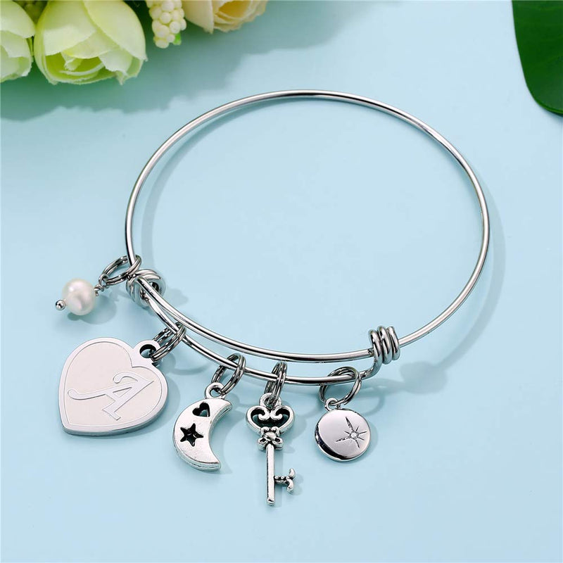 [Australia] - M MOOHAM Initial Charm Bracelets for Women Gifts - Engraved 26 Letters Initial Charms Bracelet Stainless Steel Bangle Bracelet Birthday Christmas Jewelry Gift for Women Teen Girls A - Heart 
