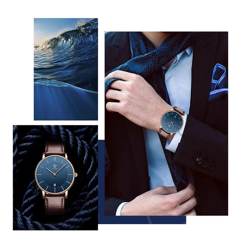 [Australia] - Mens Womens Watches Ultra Thin Simple Casual Fashion Analog Quartz Date Display Waterproof Wrist Watch for Men Womens 01-brownblue 
