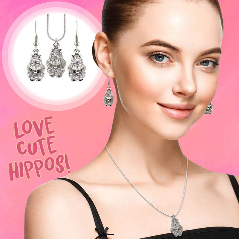 [Australia] - Lola Bella Gifts Crystal Hippo Hippopotamus Pendant Necklace and Earrings Set with Gift Box 